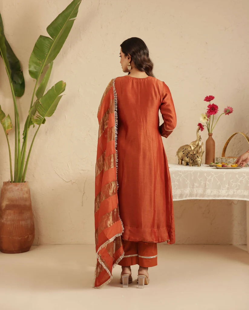 Gulabik Rust Hand Embroidered Suit with Tissue Striped Dupatta