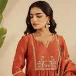 Gulabik Rust Hand Embroidered Suit with Tissue Striped Dupatta