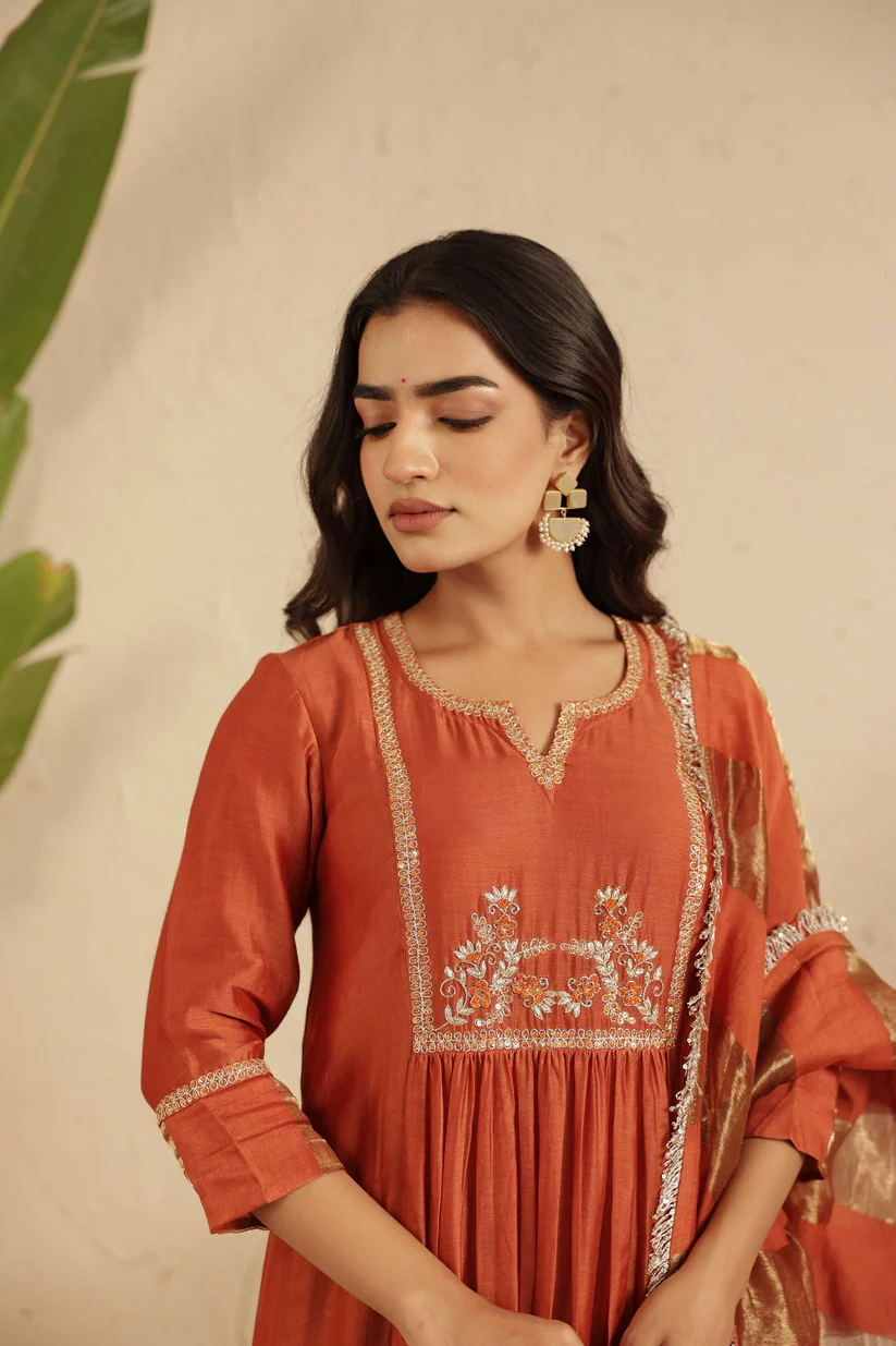 Gulabik Rust Hand Embroidered Suit with Tissue Striped Dupatta
