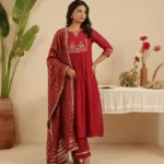 Gulabik Maroon Hand Embroidered Suit with Tissue Striped Dupatta