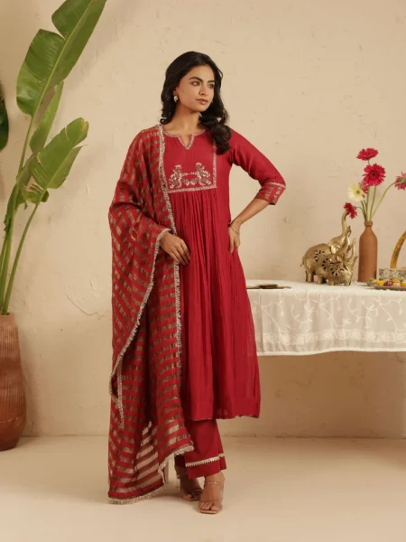 Gulabik Maroon Hand Embroidered Suit with Tissue Striped Dupatta