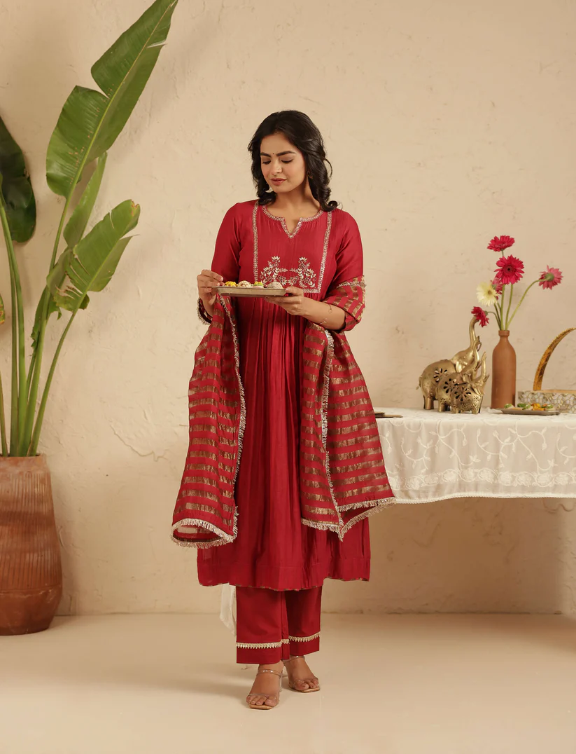 Gulabik Maroon Hand Embroidered Suit with Tissue Striped Dupatta