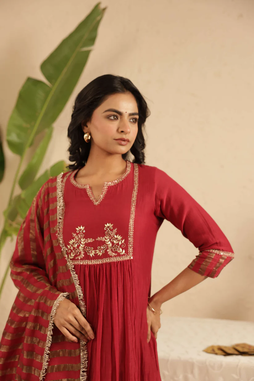 Gulabik Maroon Hand Embroidered Suit with Tissue Striped Dupatta