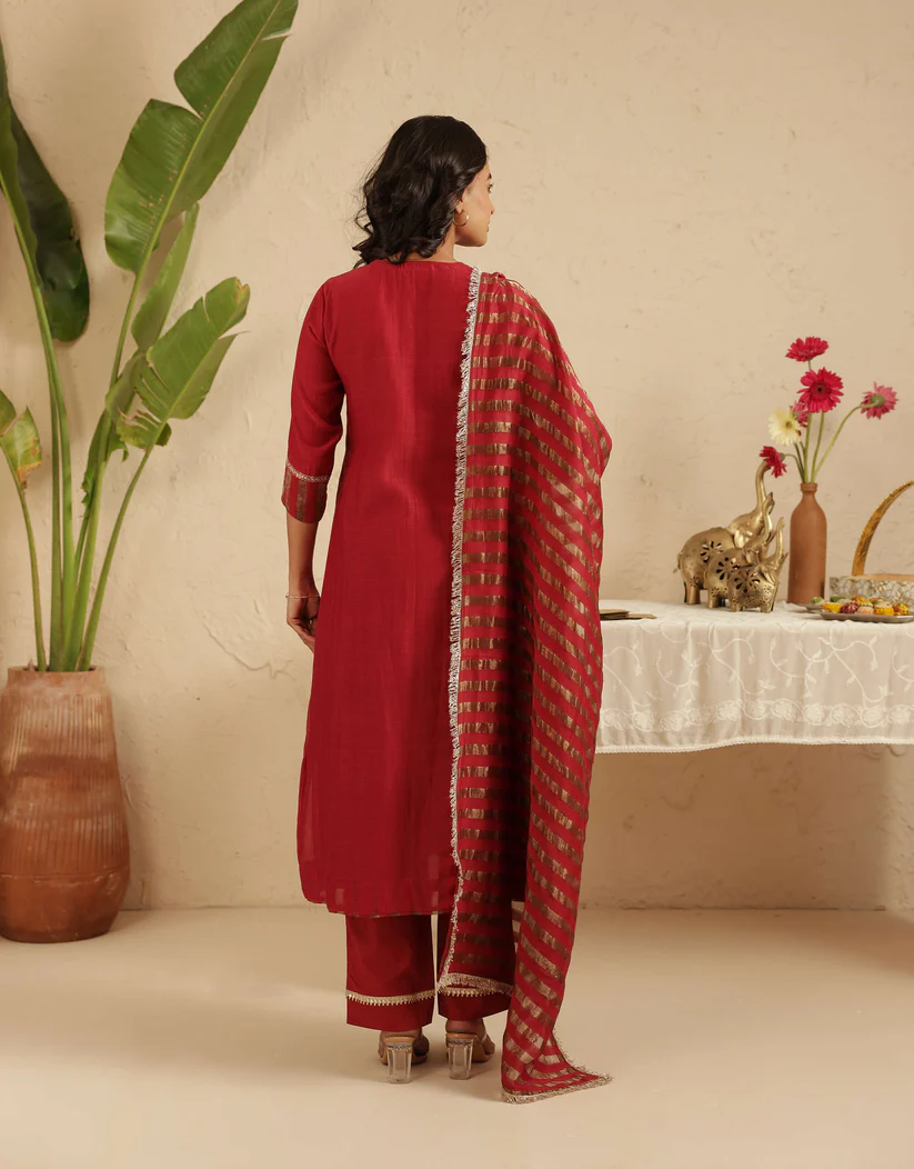 Gulabik Maroon Hand Embroidered Suit with Tissue Striped Dupatta