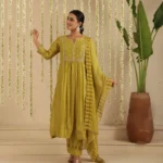 Gulabik Mehendi Green Zardozi Set with Dupatta