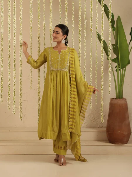 Gulabik Mehendi Green Zardozi Set with Dupatta