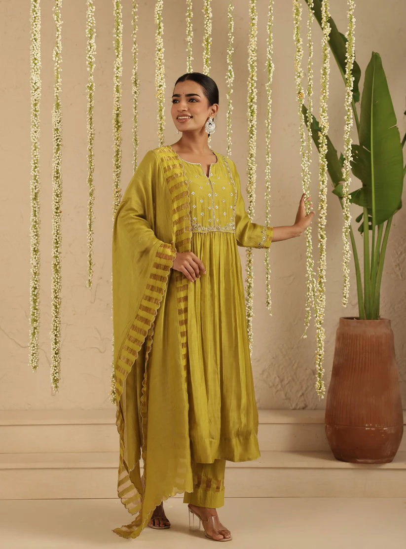 Gulabik Mehendi Green Zardozi Set with Dupatta