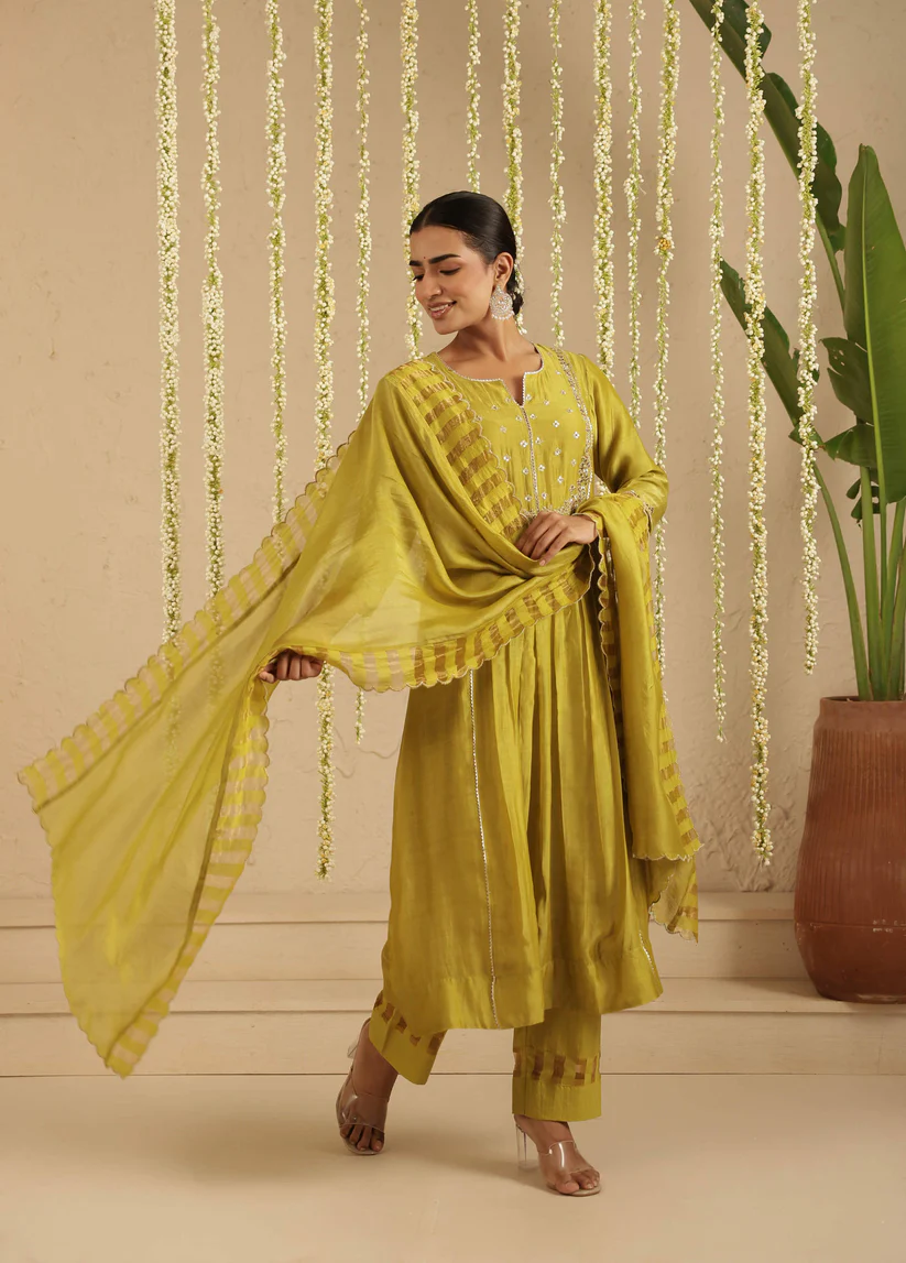 Gulabik Mehendi Green Zardozi Set with Dupatta