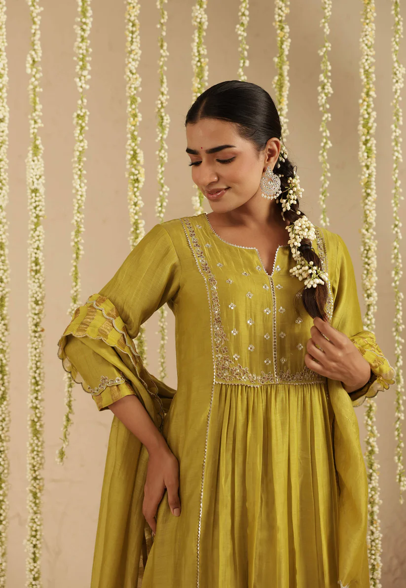 Gulabik Mehendi Green Zardozi Set with Dupatta