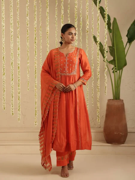 Gulabik Burnt Orange Zardozi Set with Dupatta