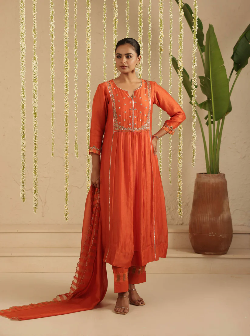 Gulabik Burnt Orange Zardozi Set with Dupatta