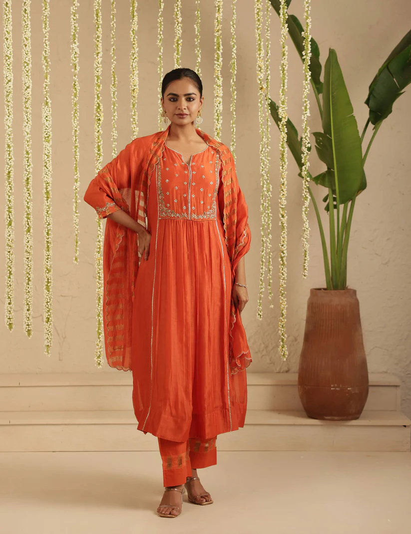 Gulabik Burnt Orange Zardozi Set with Dupatta