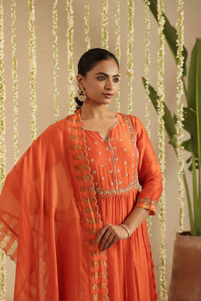 Gulabik Burnt Orange Zardozi Set with Dupatta