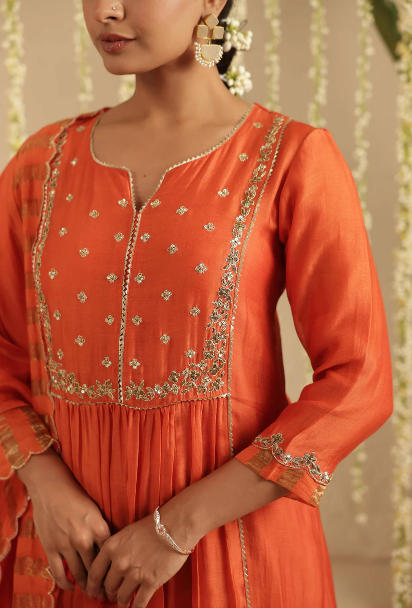 Gulabik Burnt Orange Zardozi Set with Dupatta