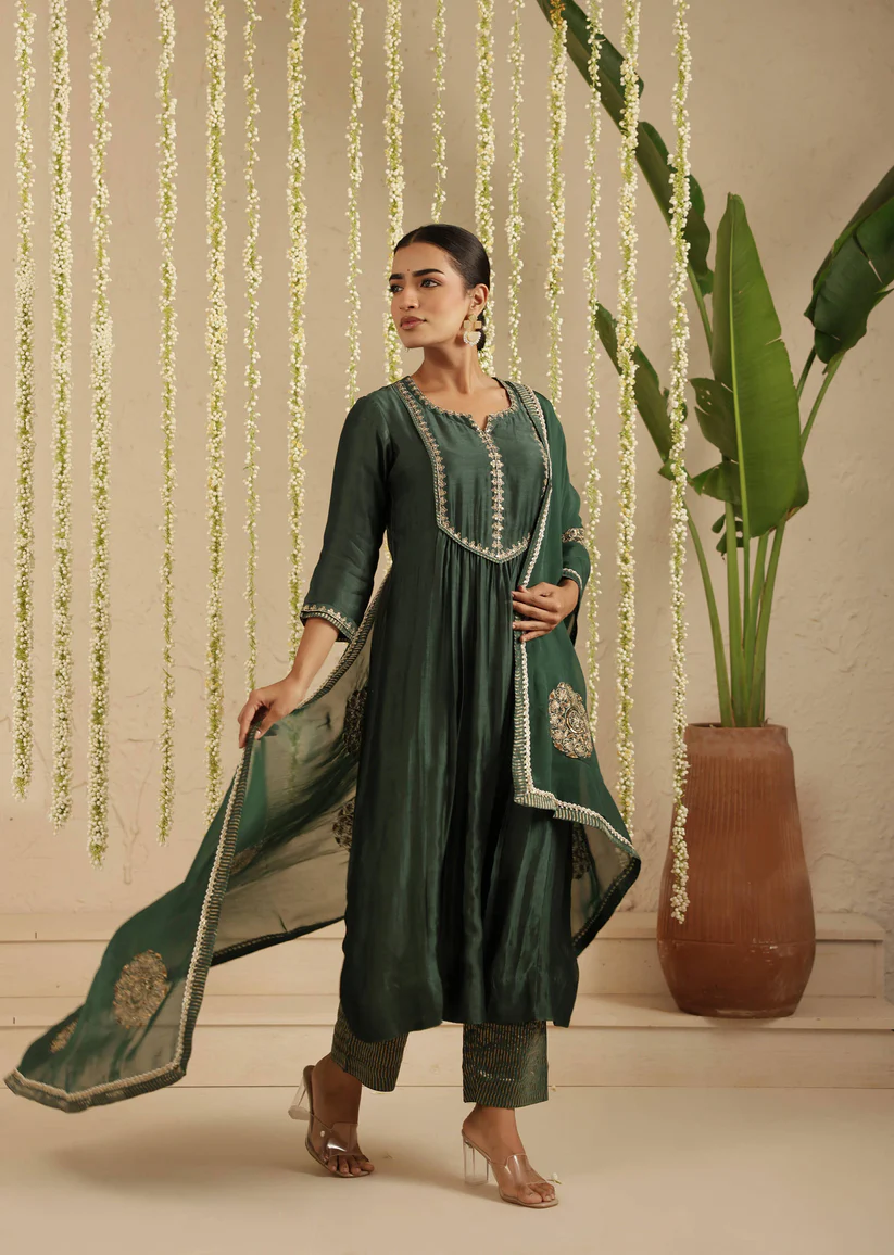 Gulabik Bottle Green Sequence Suit Set