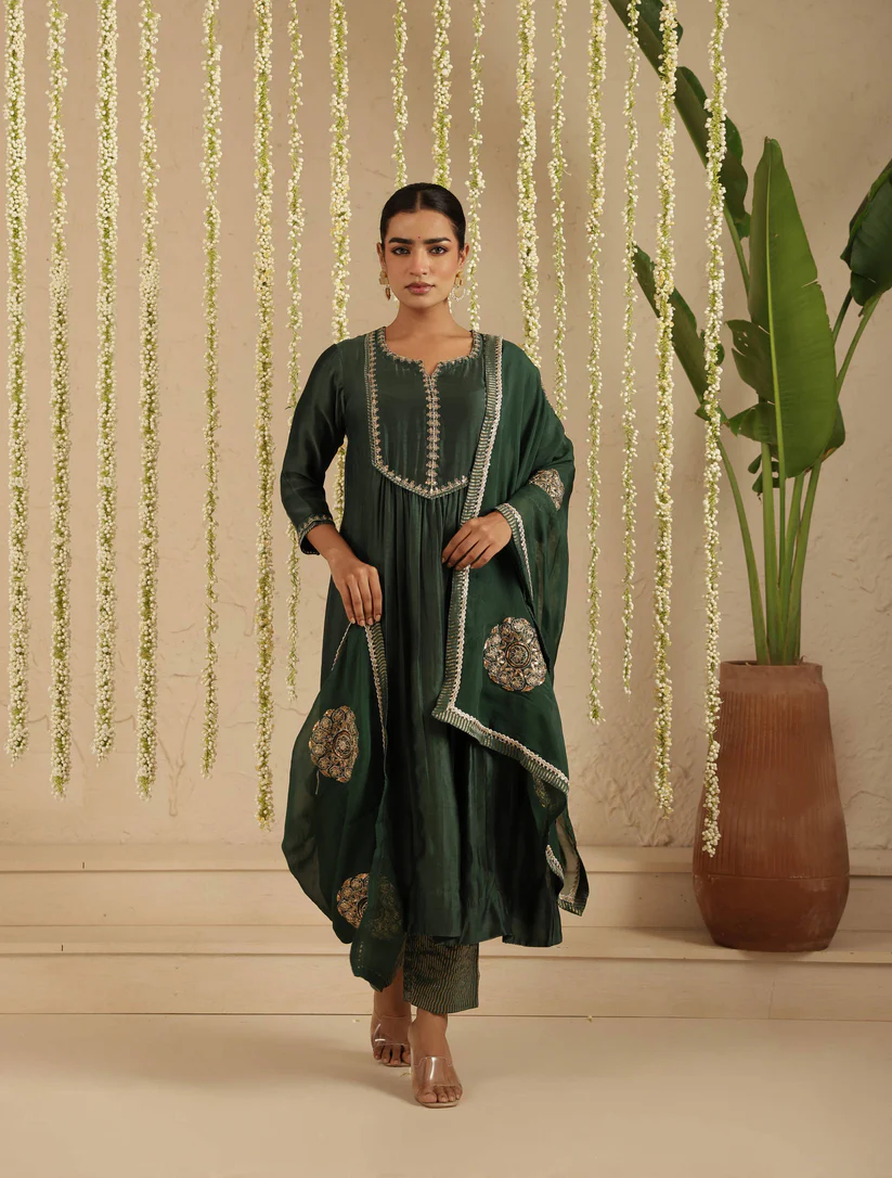 Gulabik Bottle Green Sequence Suit Set