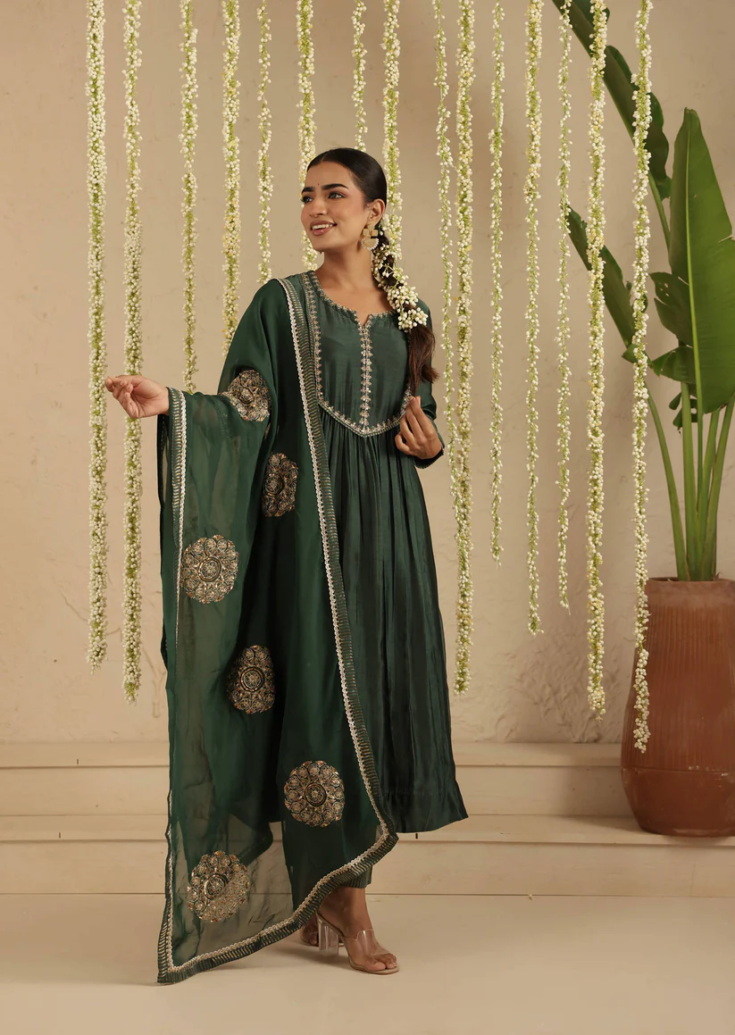 Gulabik Bottle Green Sequence Suit Set