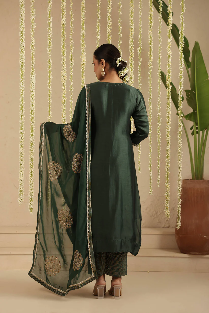 Gulabik Bottle Green Sequence Suit Set
