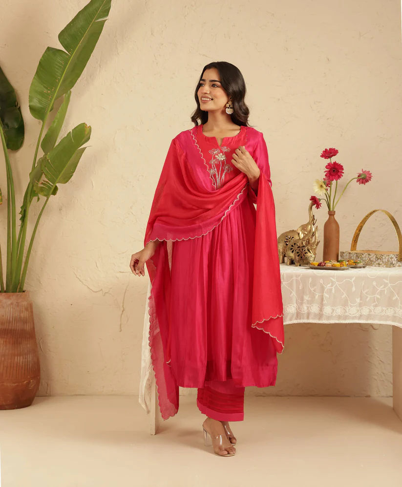 Gulabik Rani Cut Dana Suit Set with Red Dupatta