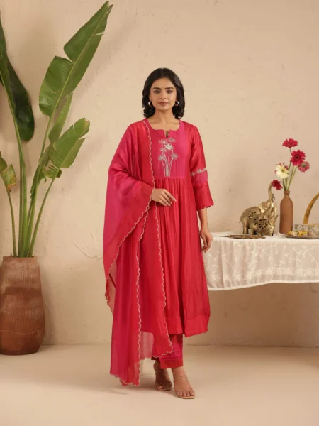 Gulabik Red Cut Dana Suit Set with Rani Dupatta