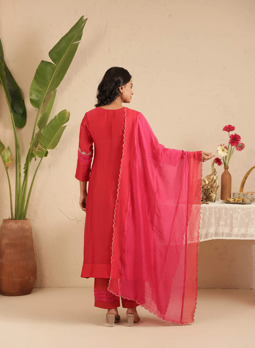 Gulabik Red Cut Dana Suit Set with Rani Dupatta