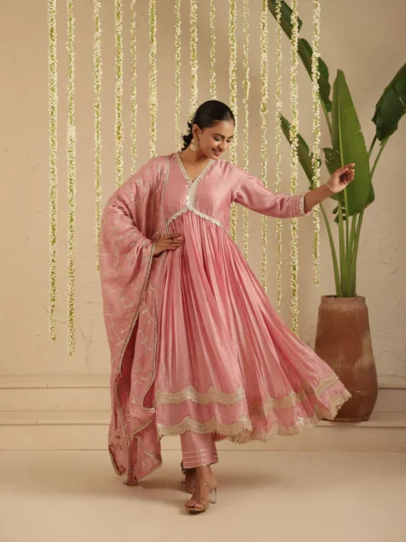 Gulabik Dusty Pink Green Anarkali Set for Women