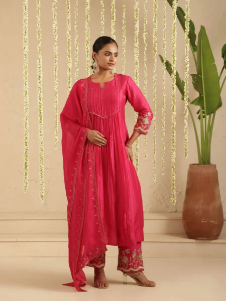 Gulabik Hot Pink Top and Bottom Hand Embroidered Set