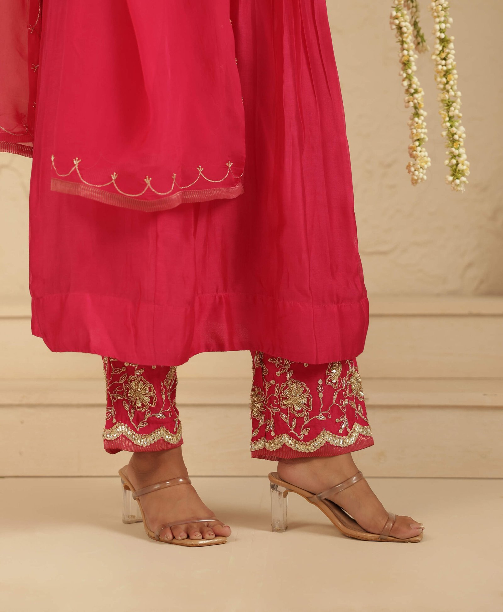 Gulabik Hot Pink Top and Bottom Hand Embroidered Set