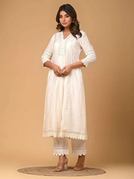 Gulabik Pearl White Kurta Pant Set for Women